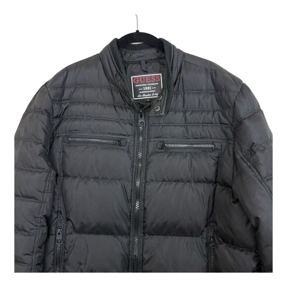 Guess Down Puffer Jacket Men Sz XL Black Nylon Full Zip Waterproof Moto Zip Cuff - Picture 1 of 12